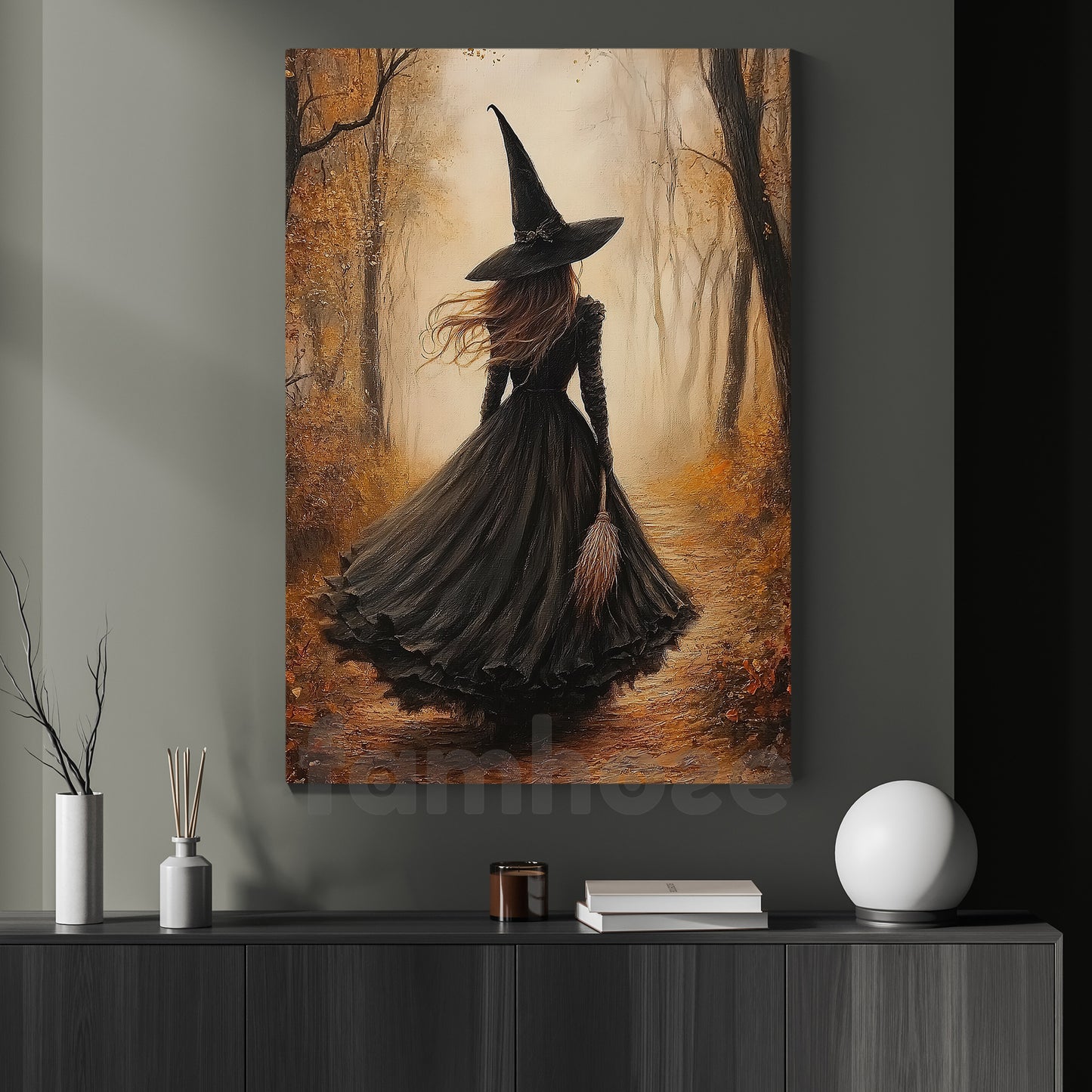 Halloween Witch Canvas Painting, Witch Walking Through Autumn Forest Wall Art Decor, Spooky Season Poster Gift For Witch Lover