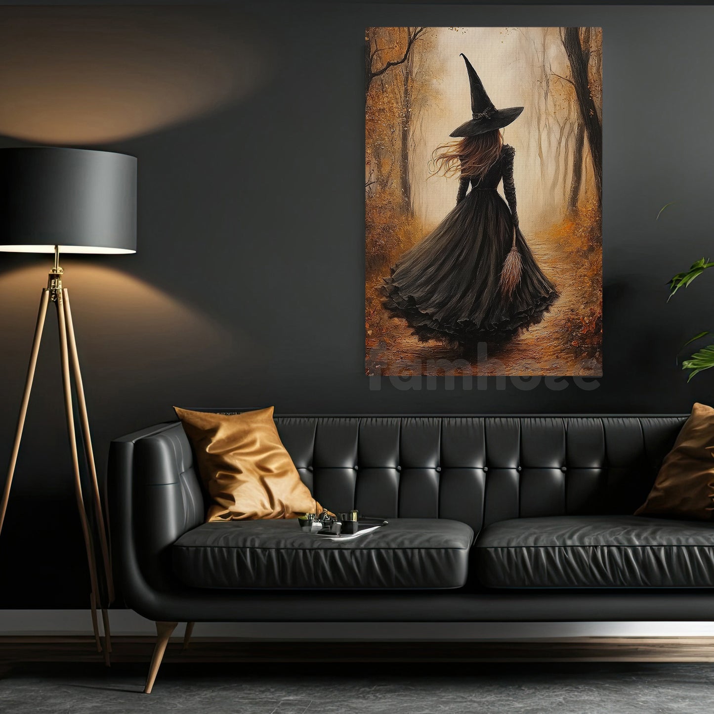 Halloween Witch Canvas Painting, Witch Walking Through Autumn Forest Wall Art Decor, Spooky Season Poster Gift For Witch Lover
