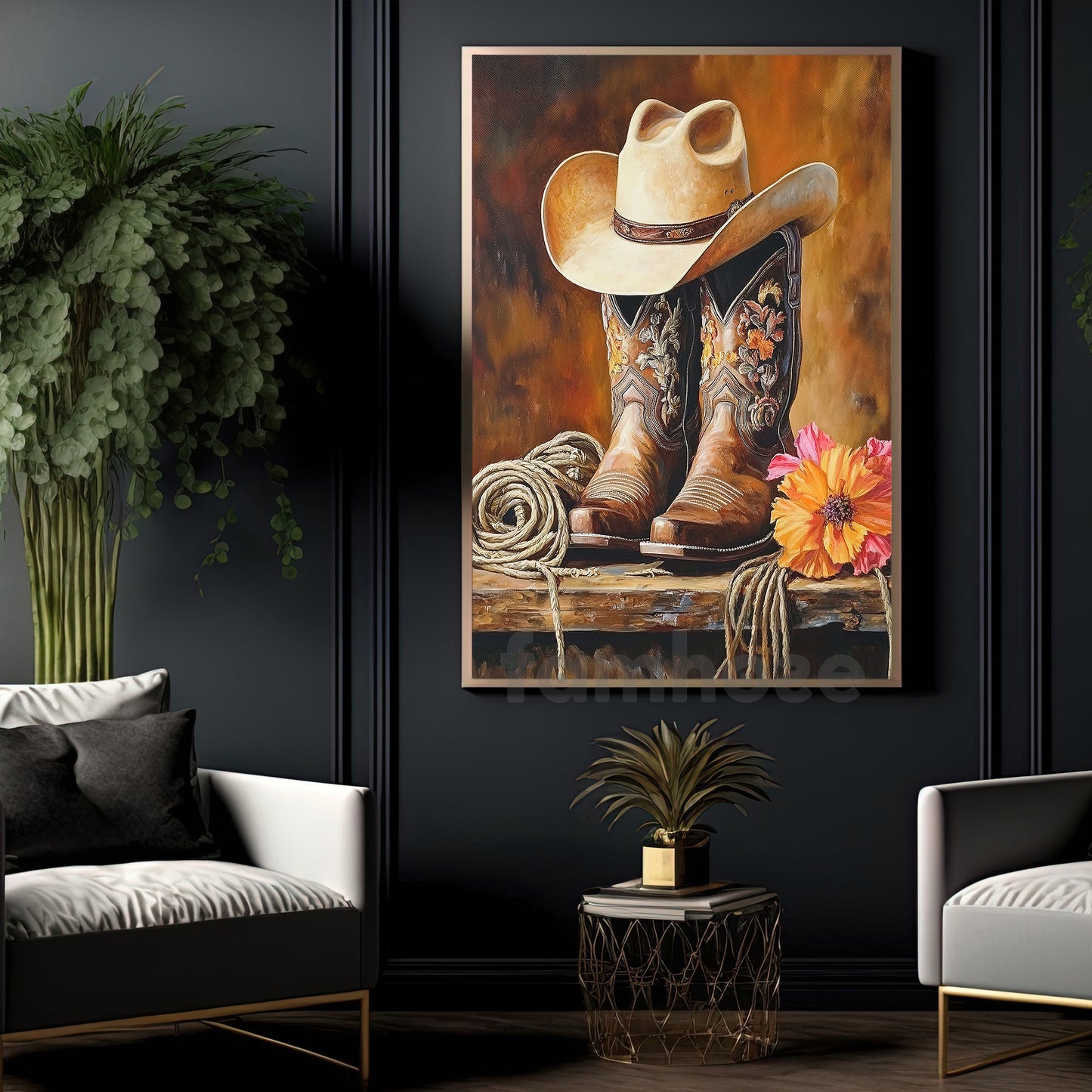 Cowboy Boots And Hat Canvas Painting, Western Cowgirl Boots Wall Art Decor, Poster Gift For Cowgirls