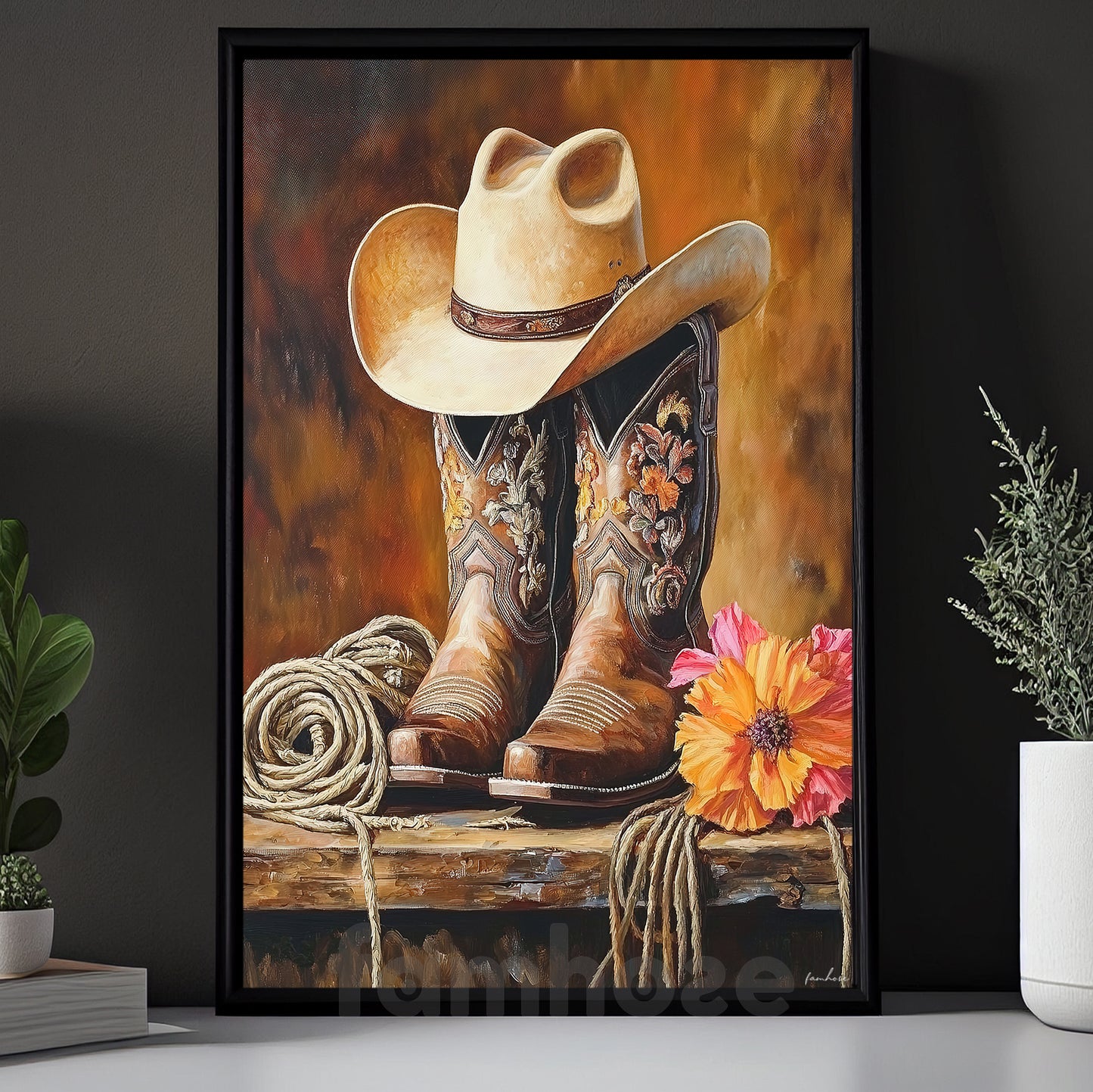 Cowboy Boots And Hat Canvas Painting, Western Cowgirl Boots Wall Art Decor, Poster Gift For Cowgirls