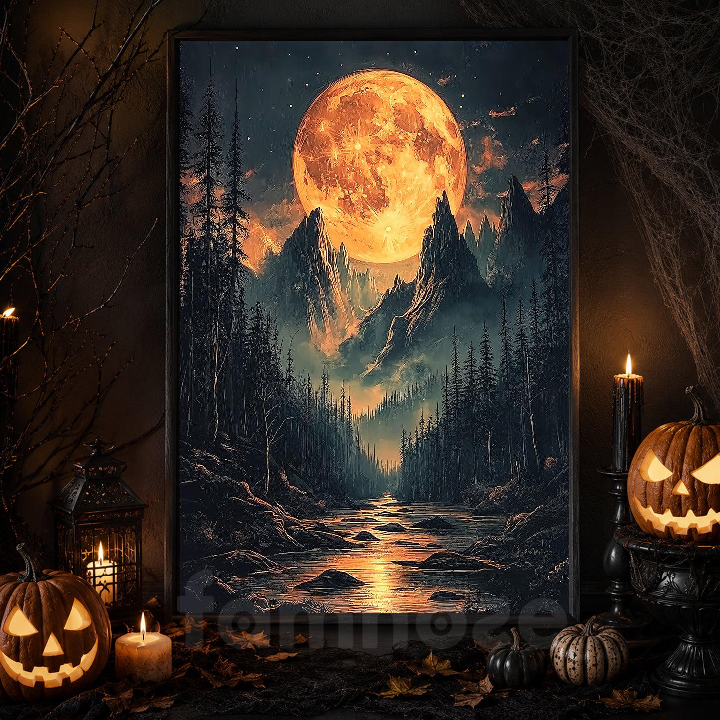 Halloween Full Moon Mountain Canvas Painting, Dark Forest Landscape Wall Art Decor, Spooky Season Poster Gift