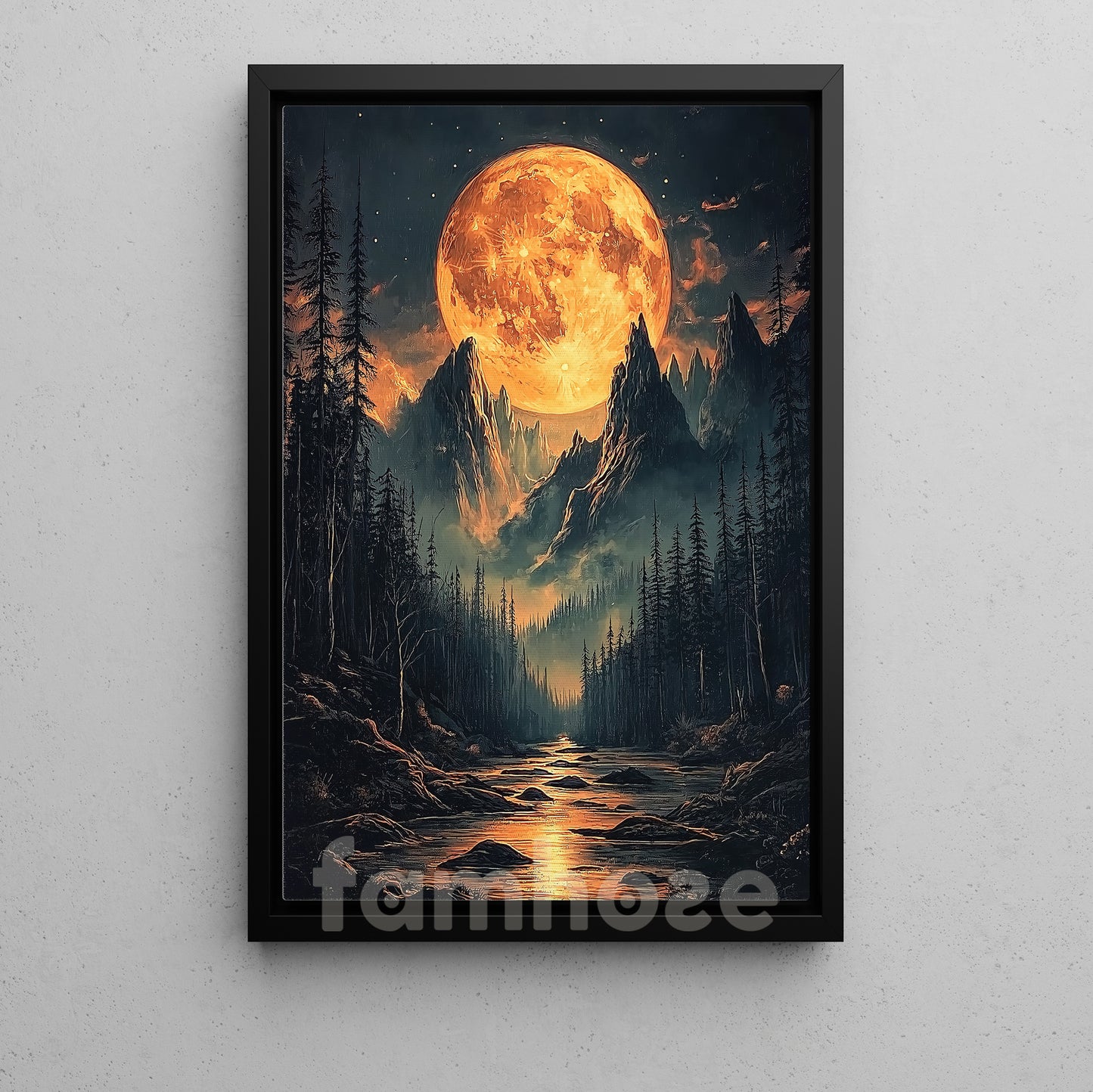 Halloween Full Moon Mountain Canvas Painting, Dark Forest Landscape Wall Art Decor, Spooky Season Poster Gift