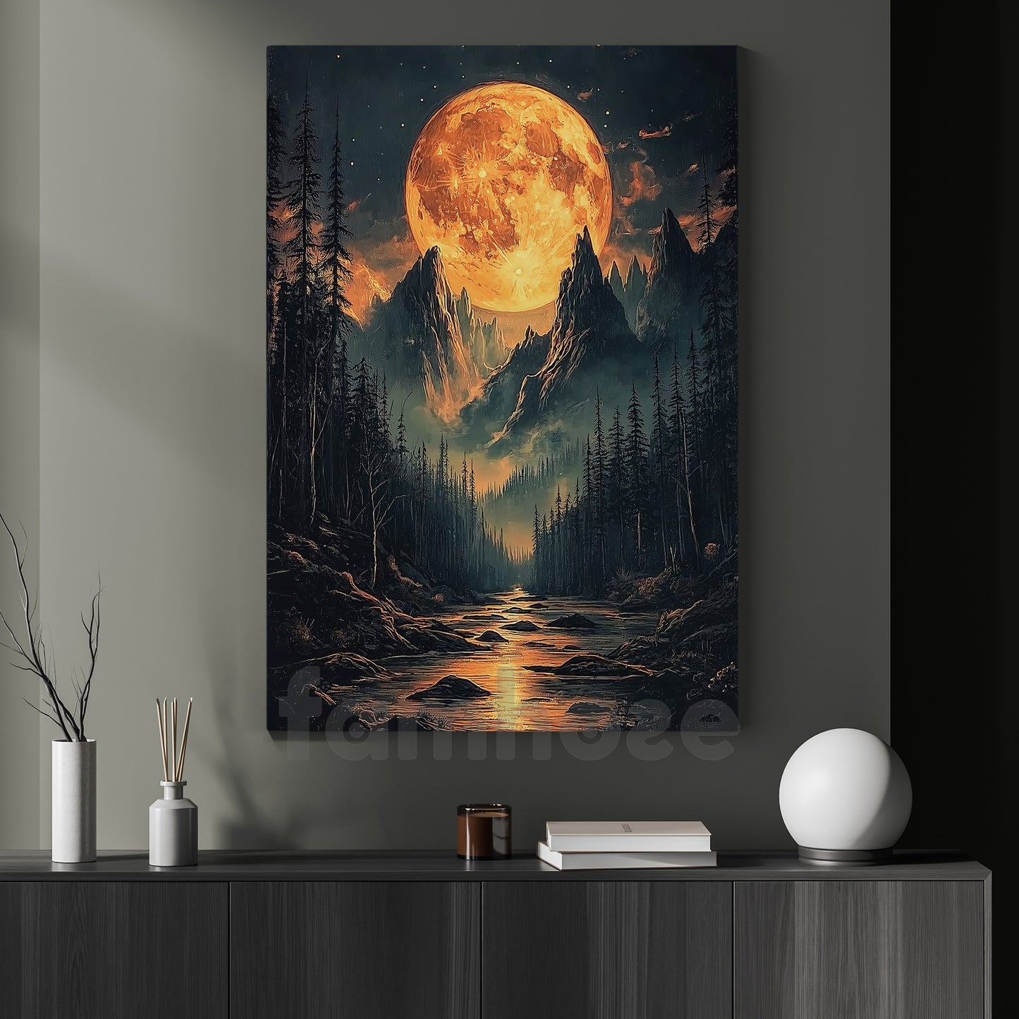 Halloween Full Moon Mountain Canvas Painting, Dark Forest Landscape Wall Art Decor, Spooky Season Poster Gift