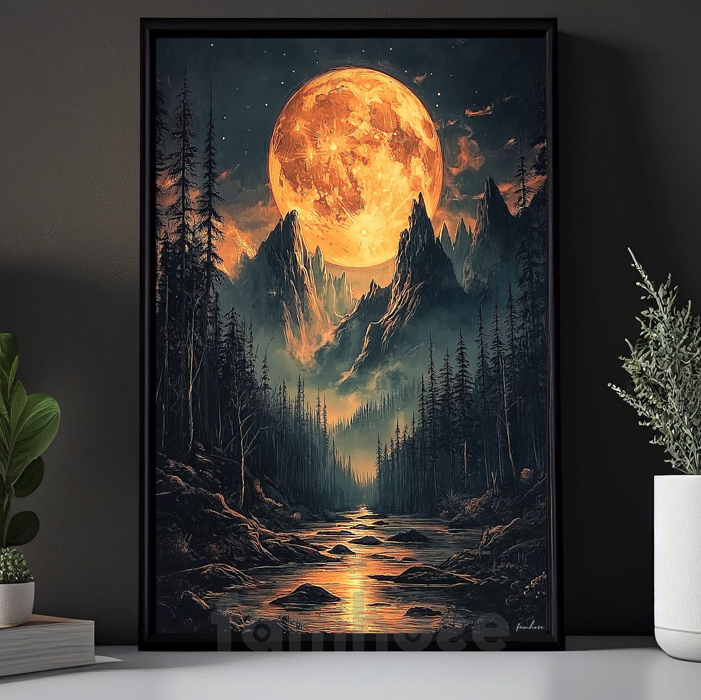 Halloween Full Moon Mountain Canvas Painting, Dark Forest Landscape Wall Art Decor, Spooky Season Poster Gift