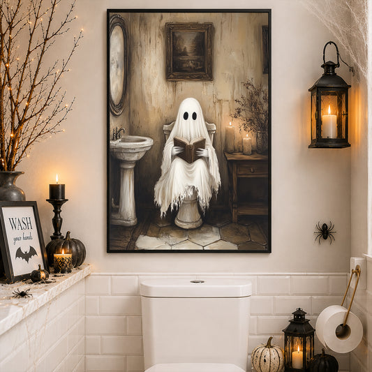 Vintage Halloween Ghost Toilet Canvas Painting, Ghost Reading On The Toilet Bathroom Wall Art Decor, Spooky Season Restroom Poster Gift For Ghost Lover