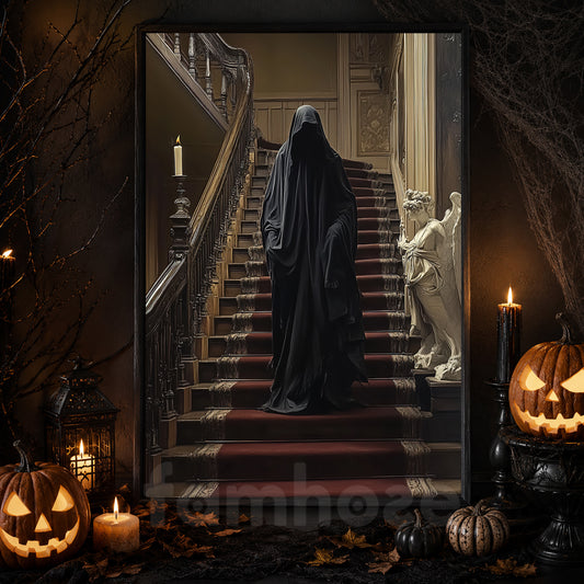 Vintage Halloween Victorian Horror Canvas Painting, Faceless Dark Ghost On Haunted Staircase Wall Art Decor, Spooky Season Poster Gift For Ghost Lover