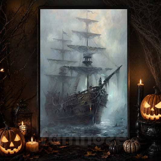 Halloween Ghost Pirate Ship Canvas Painting, Sailing Into The Afterlife Wall Art Decor, Spooky Season Poster Gift For Ghost Lover