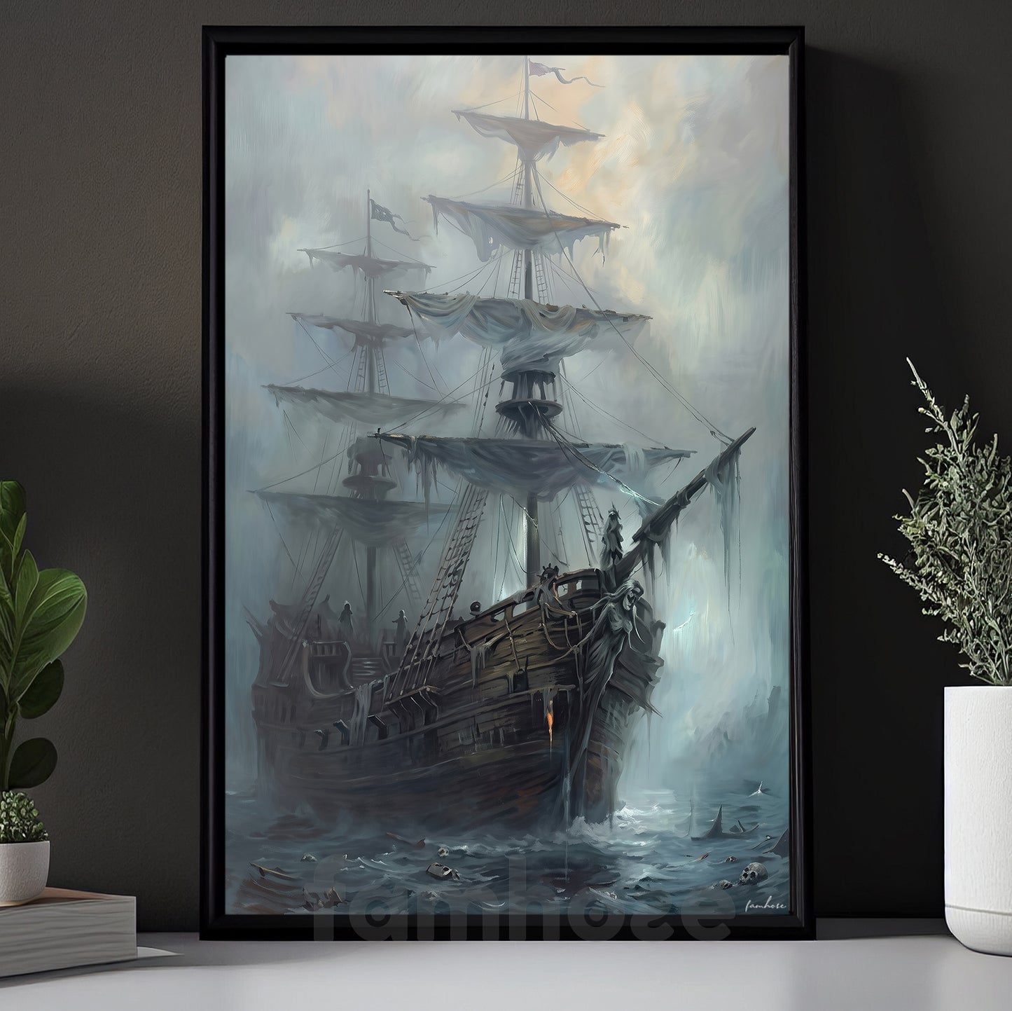 Halloween Ghost Pirate Ship Canvas Painting, Sailing Into The Afterlife Wall Art Decor, Spooky Season Poster Gift For Ghost Lover