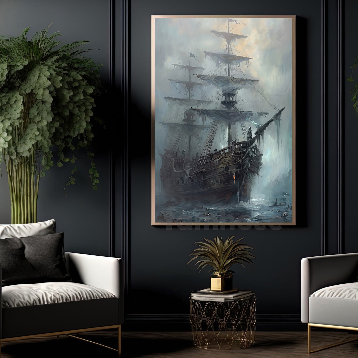 Halloween Ghost Pirate Ship Canvas Painting, Sailing Into The Afterlife Wall Art Decor, Spooky Season Poster Gift For Ghost Lover