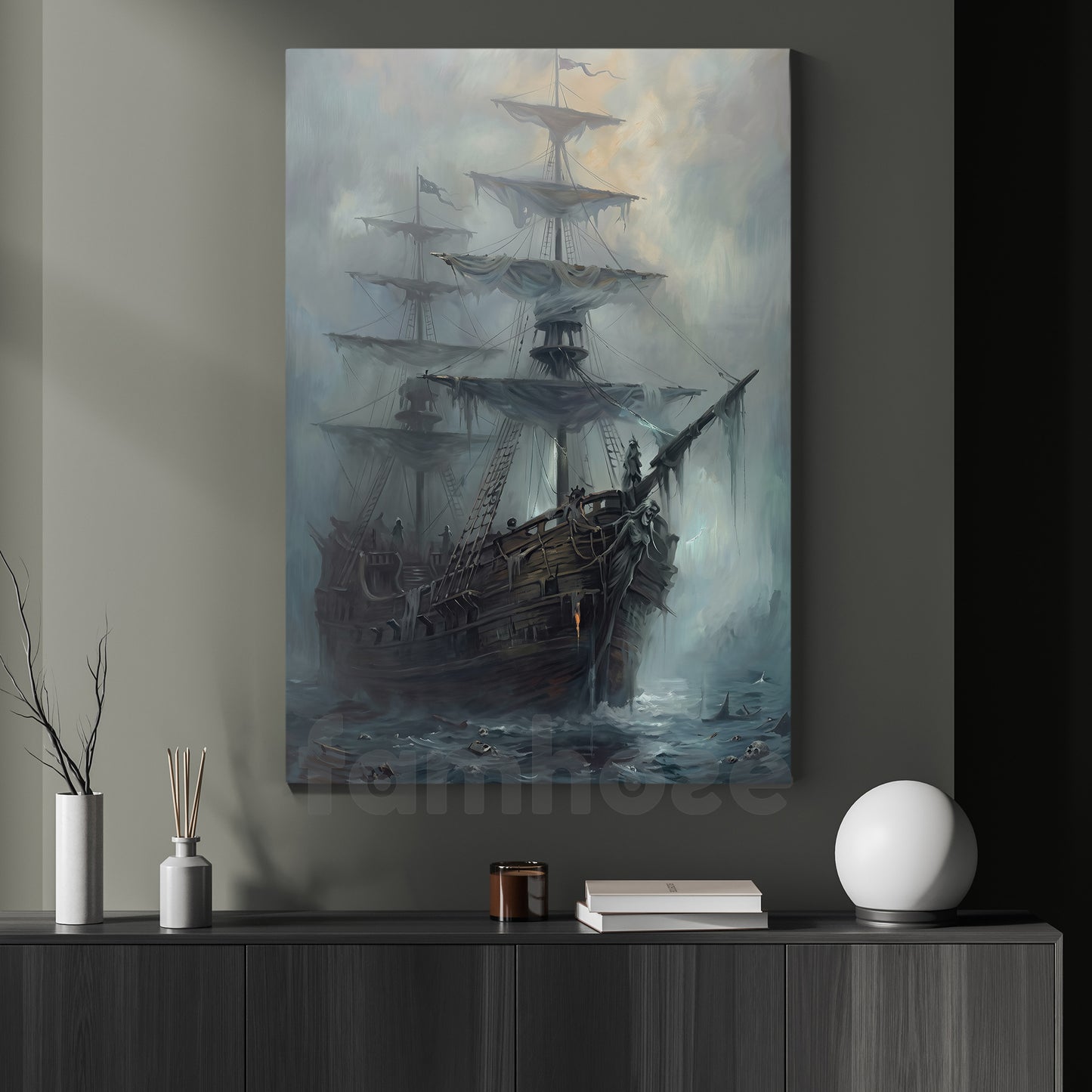 Halloween Ghost Pirate Ship Canvas Painting, Sailing Into The Afterlife Wall Art Decor, Spooky Season Poster Gift For Ghost Lover