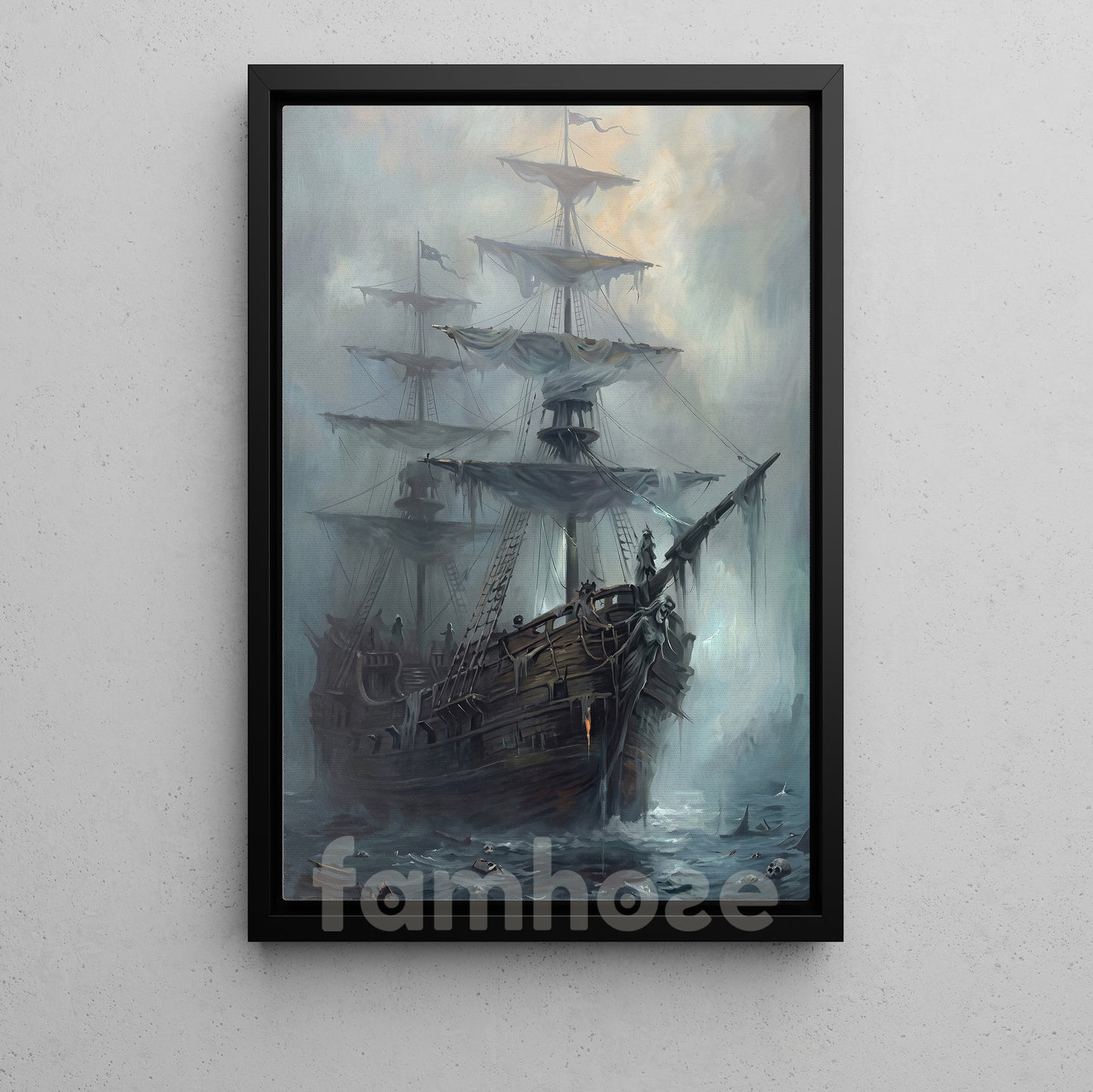 Halloween Ghost Pirate Ship Canvas Painting, Sailing Into The Afterlife Wall Art Decor, Spooky Season Poster Gift For Ghost Lover