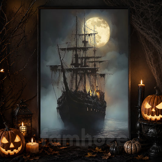 Vintage Halloween Dark Pirate Ship Canvas Painting, Haunted Ghost Ship Under Full Moon Wall Art Decor, Spooky Season Poster Gift