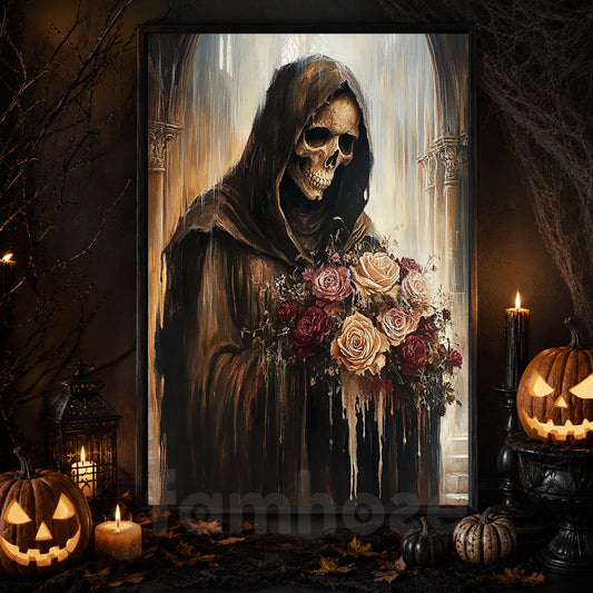 Vintage Halloween Grim Reaper Canvas Painting, Skull With Roses Wall Art Decor, Spooky Season Poster Gift For Skeleton Lover