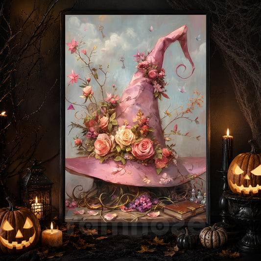 Halloween Cottagecore Witch Canvas Painting, Pink Floral Witch Hat Wall Art Decor, Spooky Season Poster Gift For Witch Lover