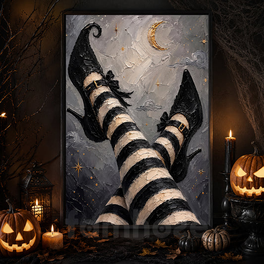 Vintage Halloween Witch Legs Canvas Painting, Striped Stockings Wall Art Decor, Spooky Season Poster Gift For Witch Lover