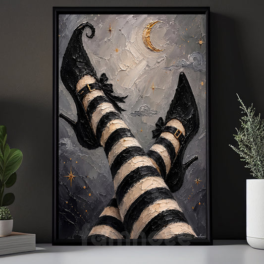 Vintage Halloween Witch Legs Canvas Painting, Striped Stockings Wall Art Decor, Spooky Season Poster Gift For Witch Lover