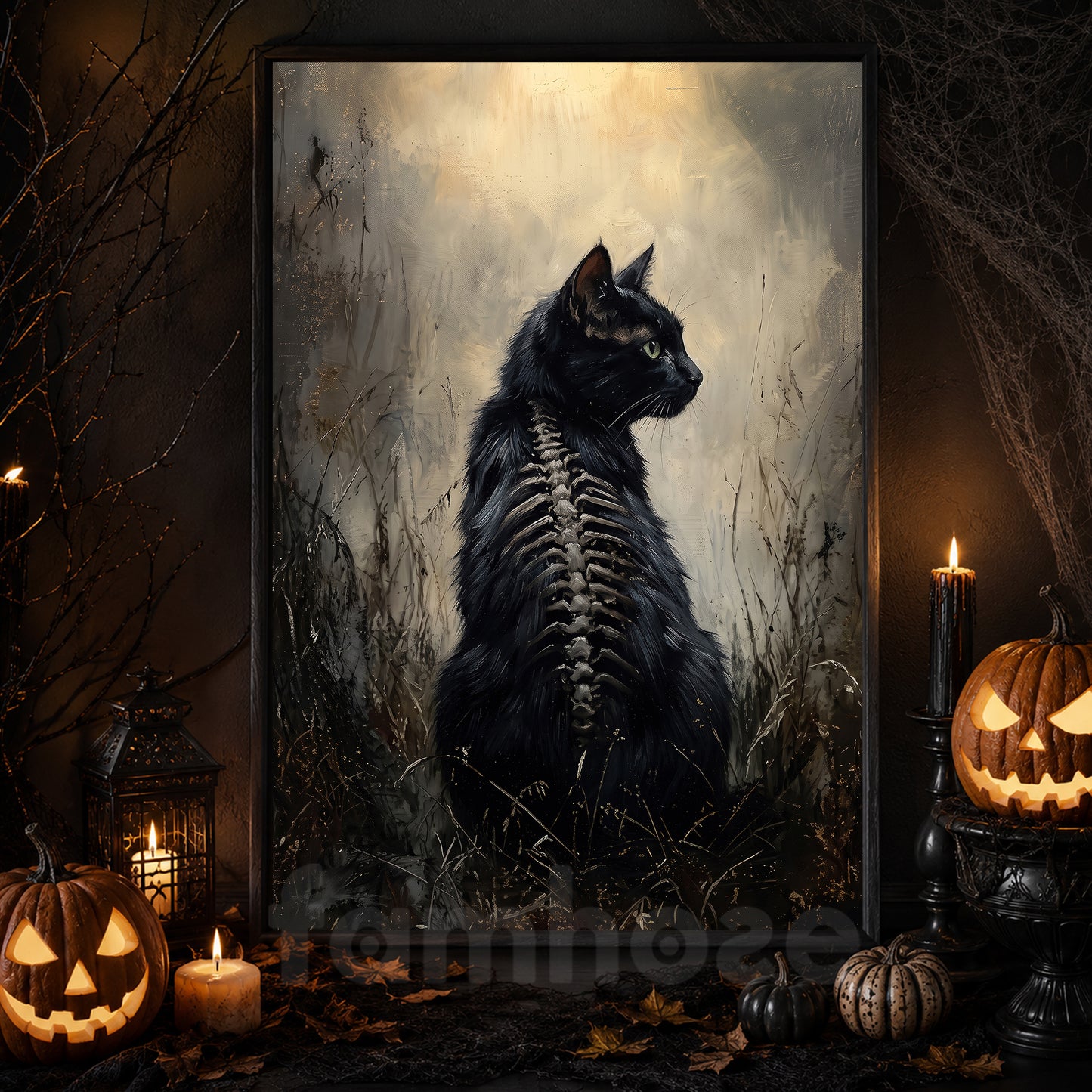 Halloween Black Cat Canvas Painting, Gothic Black Cat Skeleton Wall Art Decor, Spooky Season Poster Gift For Cat Lover