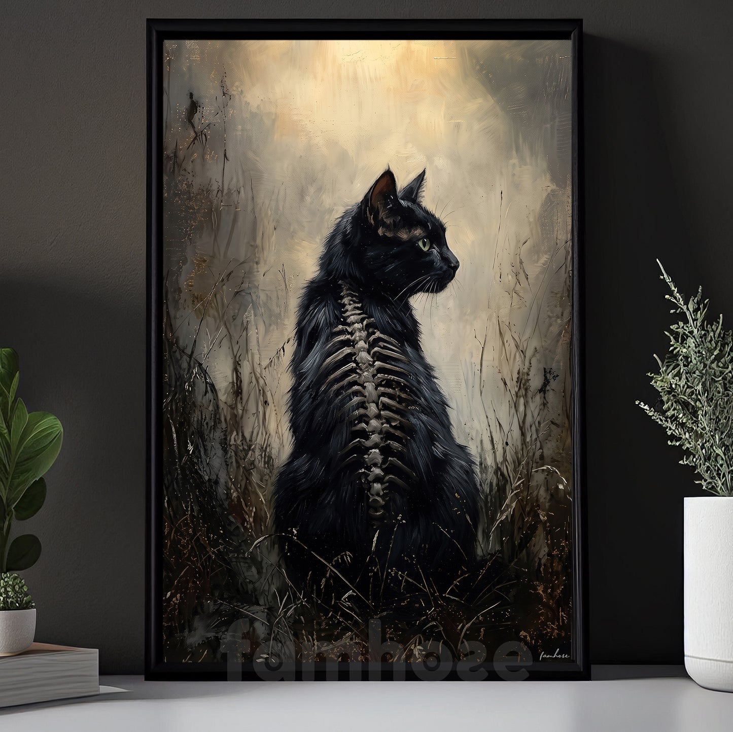 Halloween Black Cat Canvas Painting, Gothic Black Cat Skeleton Wall Art Decor, Spooky Season Poster Gift For Cat Lover
