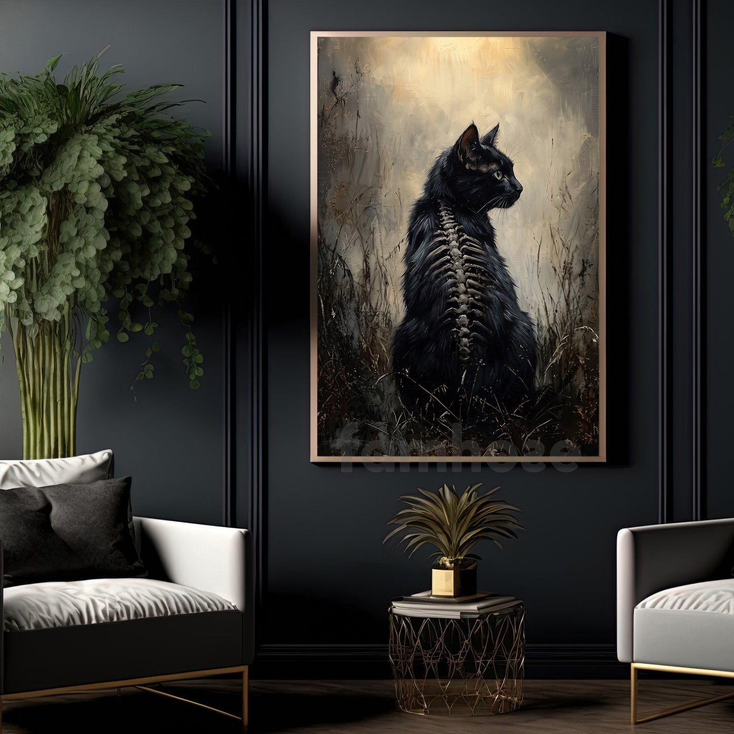 Halloween Black Cat Canvas Painting, Gothic Black Cat Skeleton Wall Art Decor, Spooky Season Poster Gift For Cat Lover