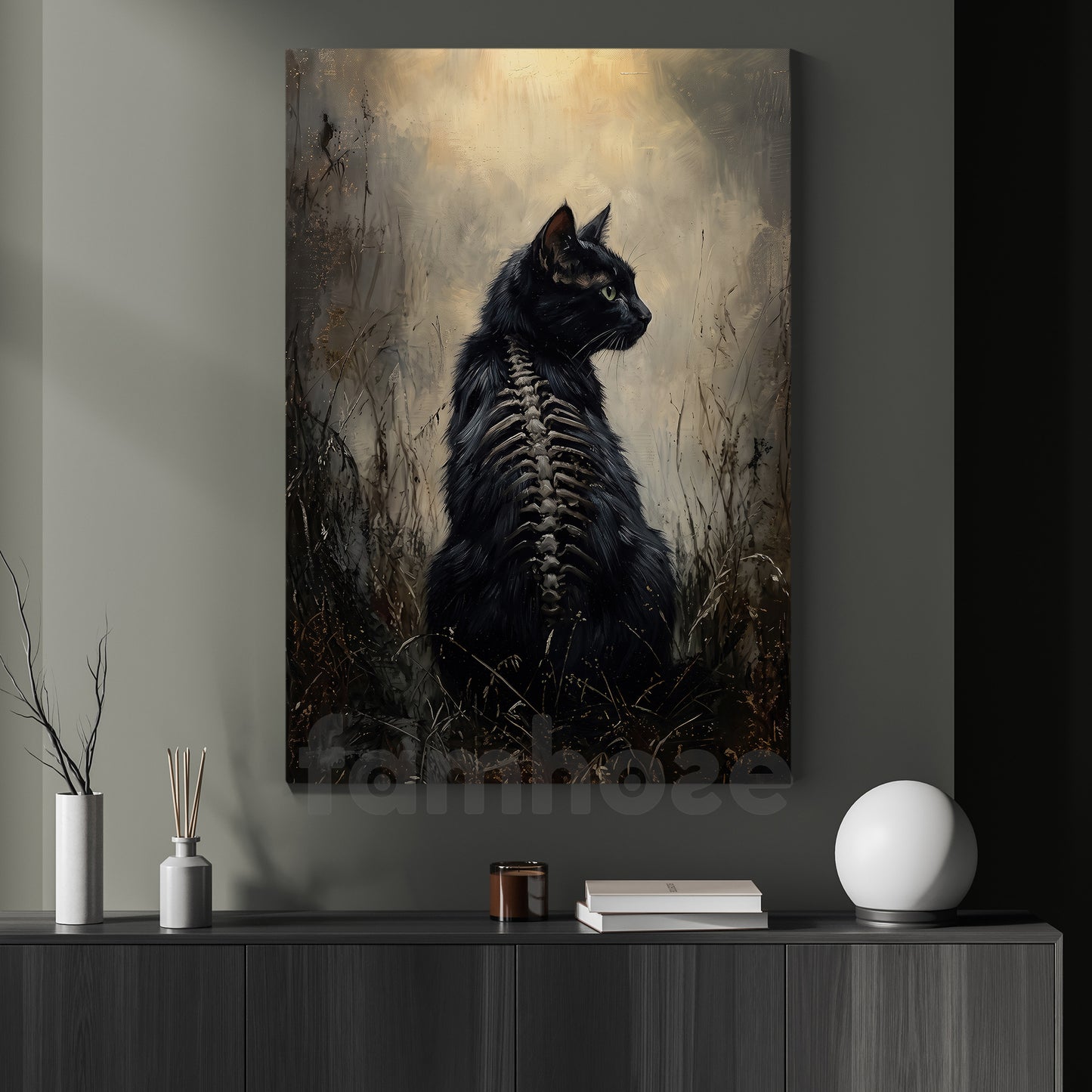 Halloween Black Cat Canvas Painting, Gothic Black Cat Skeleton Wall Art Decor, Spooky Season Poster Gift For Cat Lover