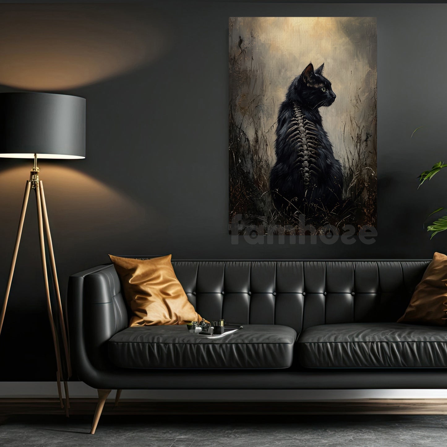 Halloween Black Cat Canvas Painting, Gothic Black Cat Skeleton Wall Art Decor, Spooky Season Poster Gift For Cat Lover