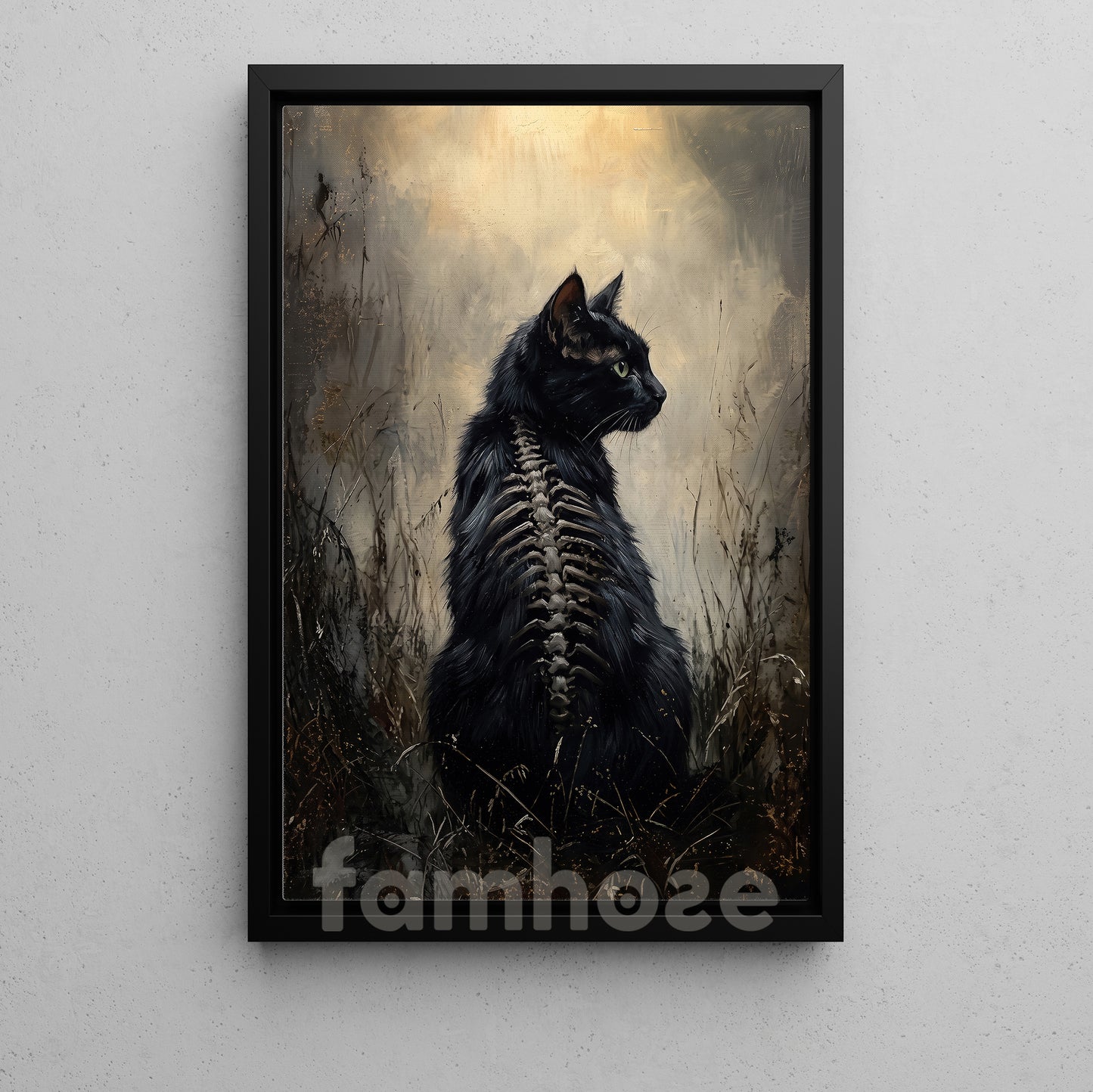Halloween Black Cat Canvas Painting, Gothic Black Cat Skeleton Wall Art Decor, Spooky Season Poster Gift For Cat Lover