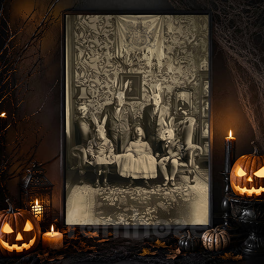 Vintage Halloween Canvas Painting, Creepy Rabbit Family Wall Art Decor, Spooky Season Poster Gift For Rabbit Lover