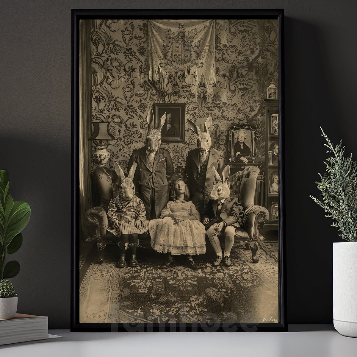 Vintage Halloween Canvas Painting, Creepy Rabbit Family Wall Art Decor, Spooky Season Poster Gift For Rabbit Lover