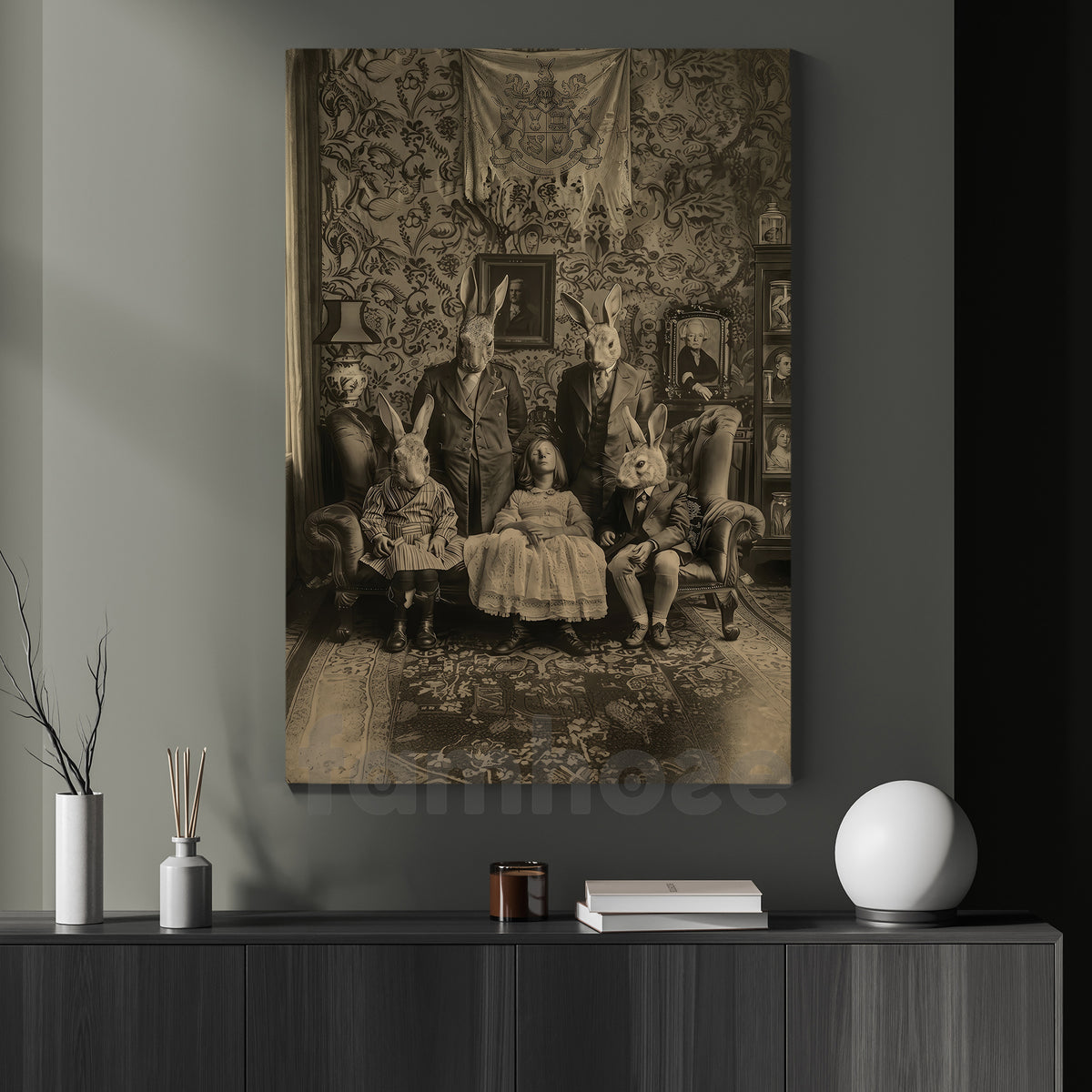 Vintage Halloween Canvas Painting, Creepy Rabbit Family Wall Art Decor, Spooky Season Poster Gift For Rabbit Lover