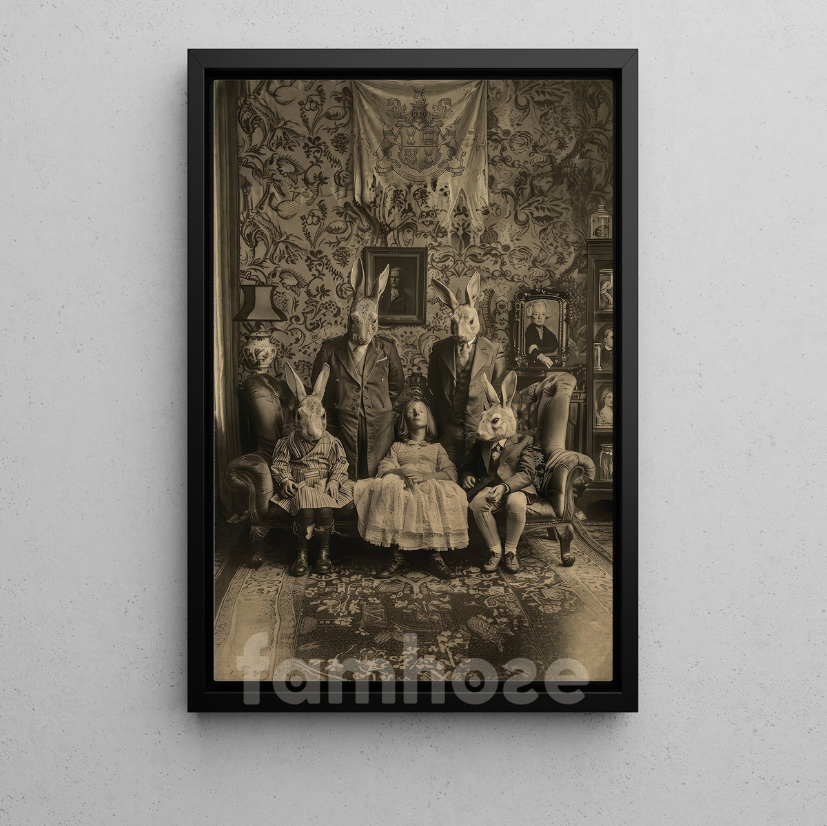 Vintage Halloween Canvas Painting, Creepy Rabbit Family Wall Art Decor, Spooky Season Poster Gift For Rabbit Lover