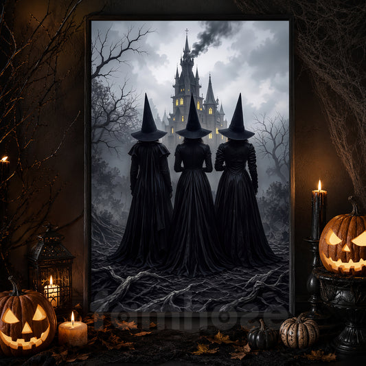 Vintage Halloween Three Witches Canvas Painting, Haunted Castle Wall Art Decor, Spooky Season Poster Gift For Witch Lover