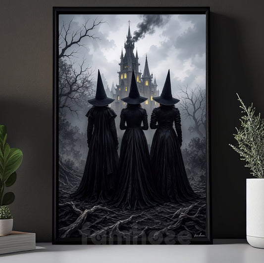Vintage Halloween Three Witches Canvas Painting, Haunted Castle Wall Art Decor, Spooky Season Poster Gift For Witch Lover