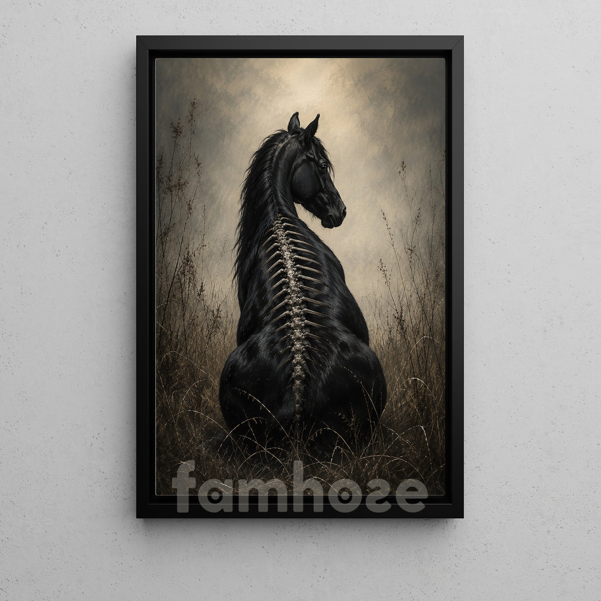 Halloween Black Horse Canvas Painting, Gothic Black Horse Skeleton Wall Art Decor, Spooky Season Poster Gift For Horse Lover