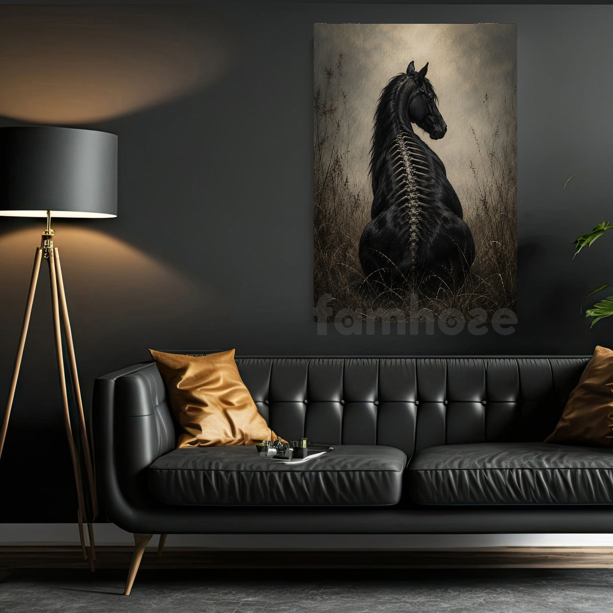 Halloween Black Horse Canvas Painting, Gothic Black Horse Skeleton Wall Art Decor, Spooky Season Poster Gift For Horse Lover