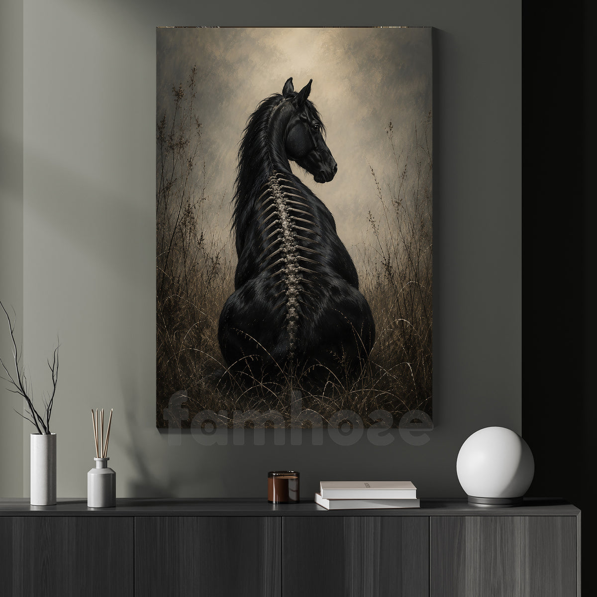 Halloween Black Horse Canvas Painting, Gothic Black Horse Skeleton Wall Art Decor, Spooky Season Poster Gift For Horse Lover