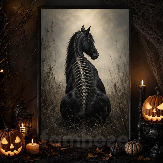 Halloween Black Horse Canvas Painting, Gothic Black Horse Skeleton Wall Art Decor, Spooky Season Poster Gift For Horse Lover