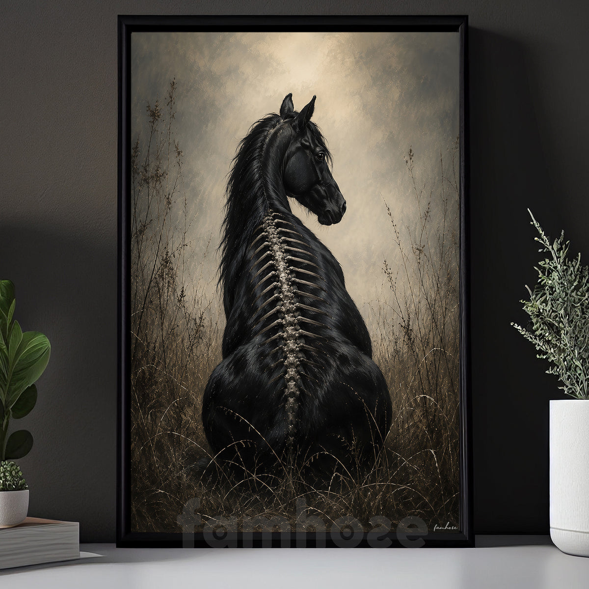 Halloween Black Horse Canvas Painting, Gothic Black Horse Skeleton Wall Art Decor, Spooky Season Poster Gift For Horse Lover