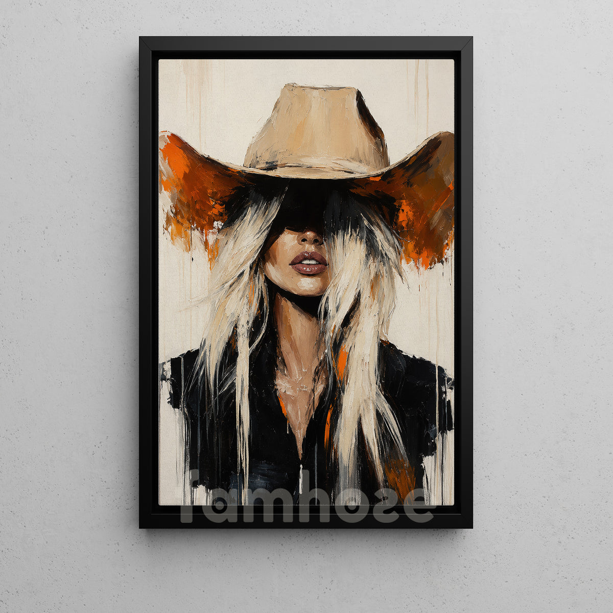 Western Cowgirl Portrait Canvas Painting, Blonde Cowboy Hat Woman Wall Art Decor, Poster Gift For Cowgirls