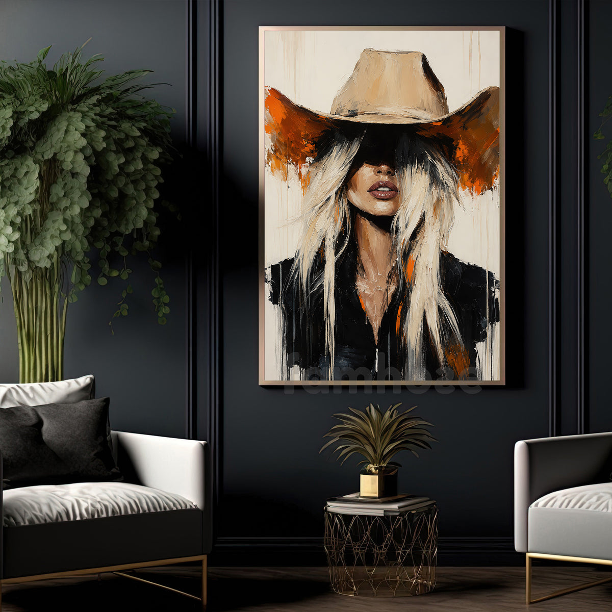 Western Cowgirl Portrait Canvas Painting, Blonde Cowboy Hat Woman Wall Art Decor, Poster Gift For Cowgirls