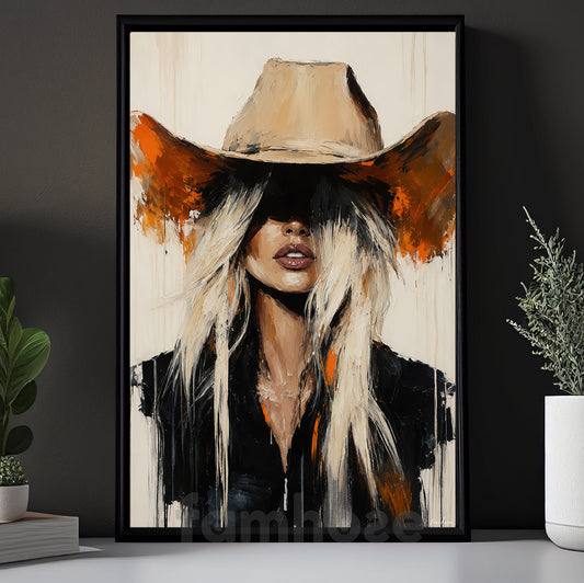 Western Cowgirl Portrait Canvas Painting, Blonde Cowboy Hat Woman Wall Art Decor, Poster Gift For Cowgirls