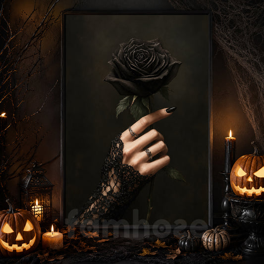 Halloween Witch Hand Canvas Painting, Black Rose Wall Art Decor, Spooky Season Poster Gift