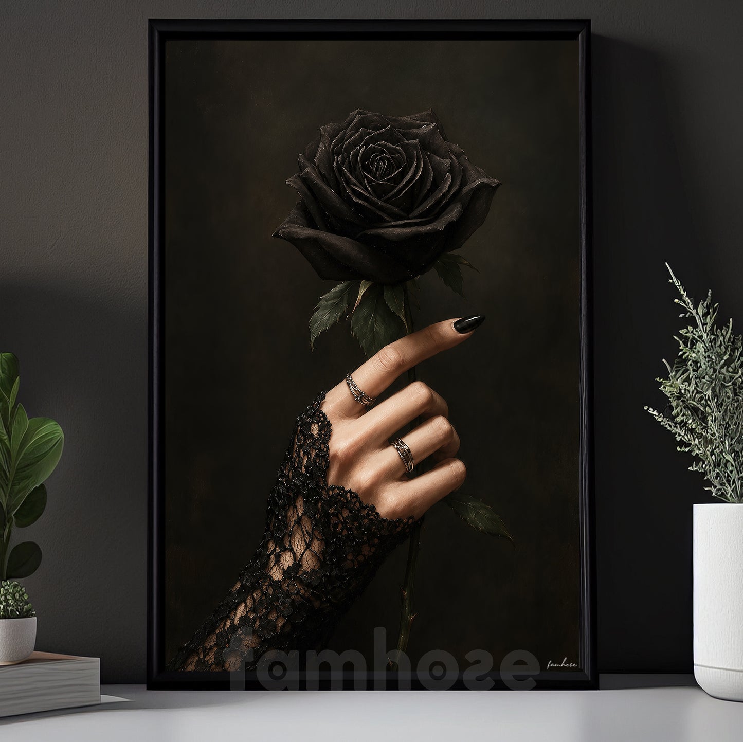 Halloween Witch Hand Canvas Painting, Black Rose Wall Art Decor, Spooky Season Poster Gift