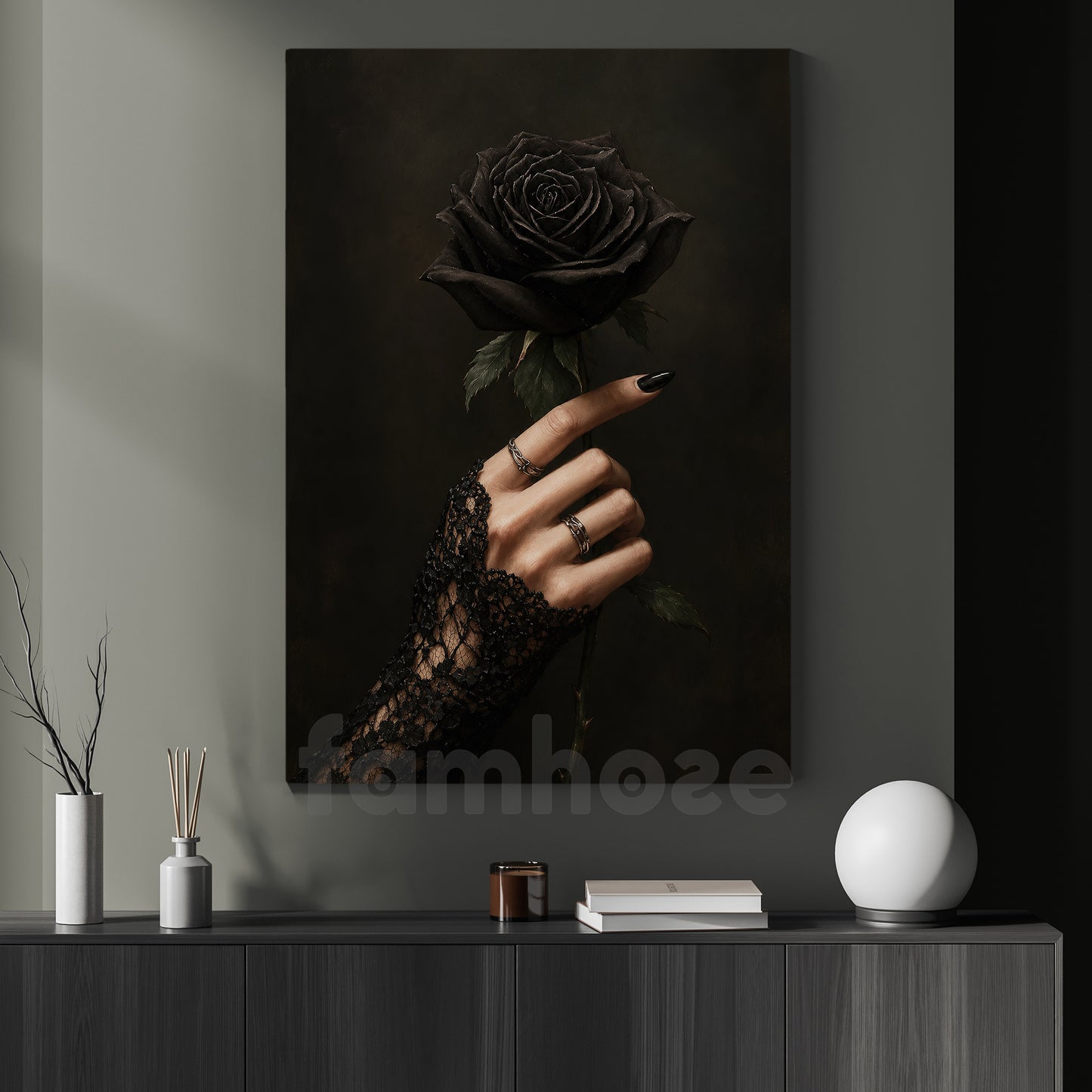 Halloween Witch Hand Canvas Painting, Black Rose Wall Art Decor, Spooky Season Poster Gift