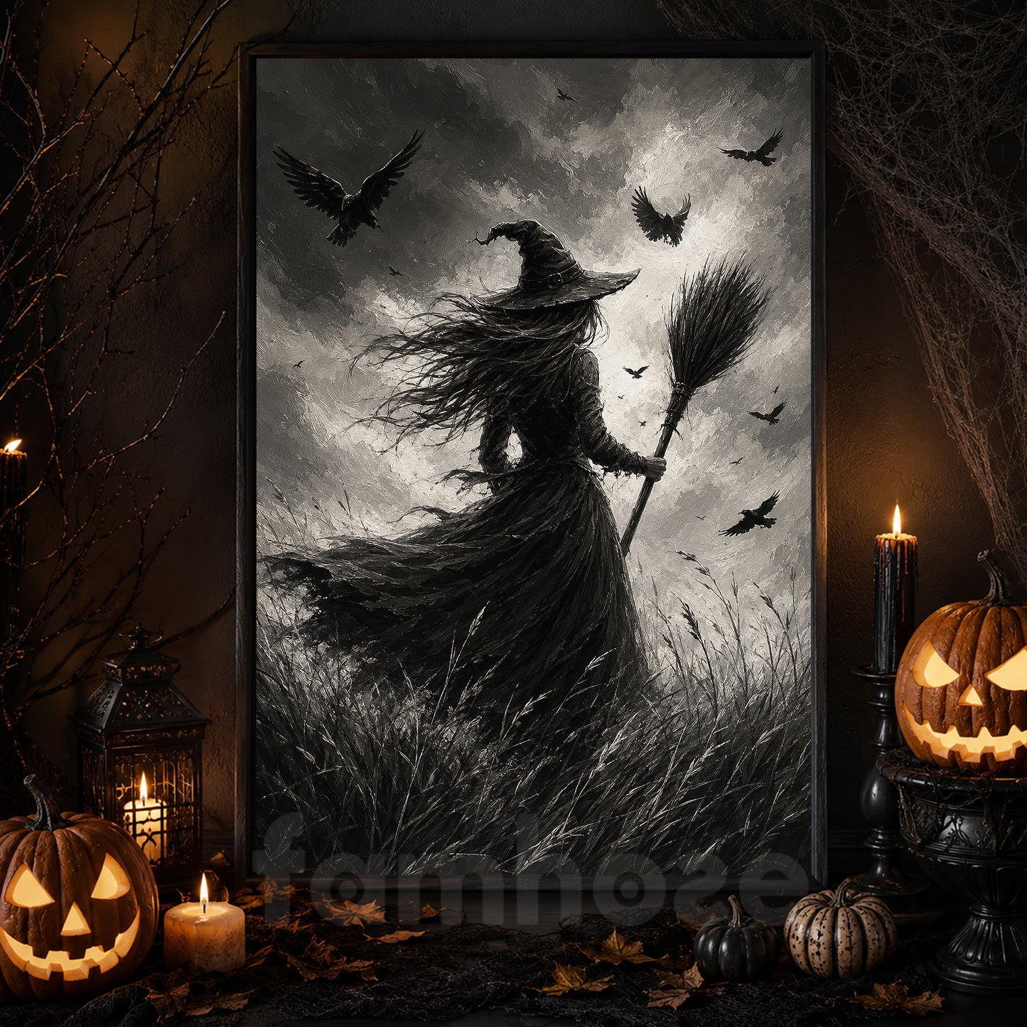 Halloween Gothic Witch Canvas Painting, Raven Witch Wall Art Decor, Spooky Season Poster Gift For Witch Lover