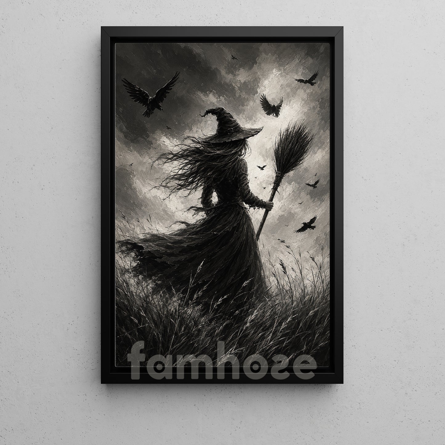 Halloween Gothic Witch Canvas Painting, Raven Witch Wall Art Decor, Spooky Season Poster Gift For Witch Lover