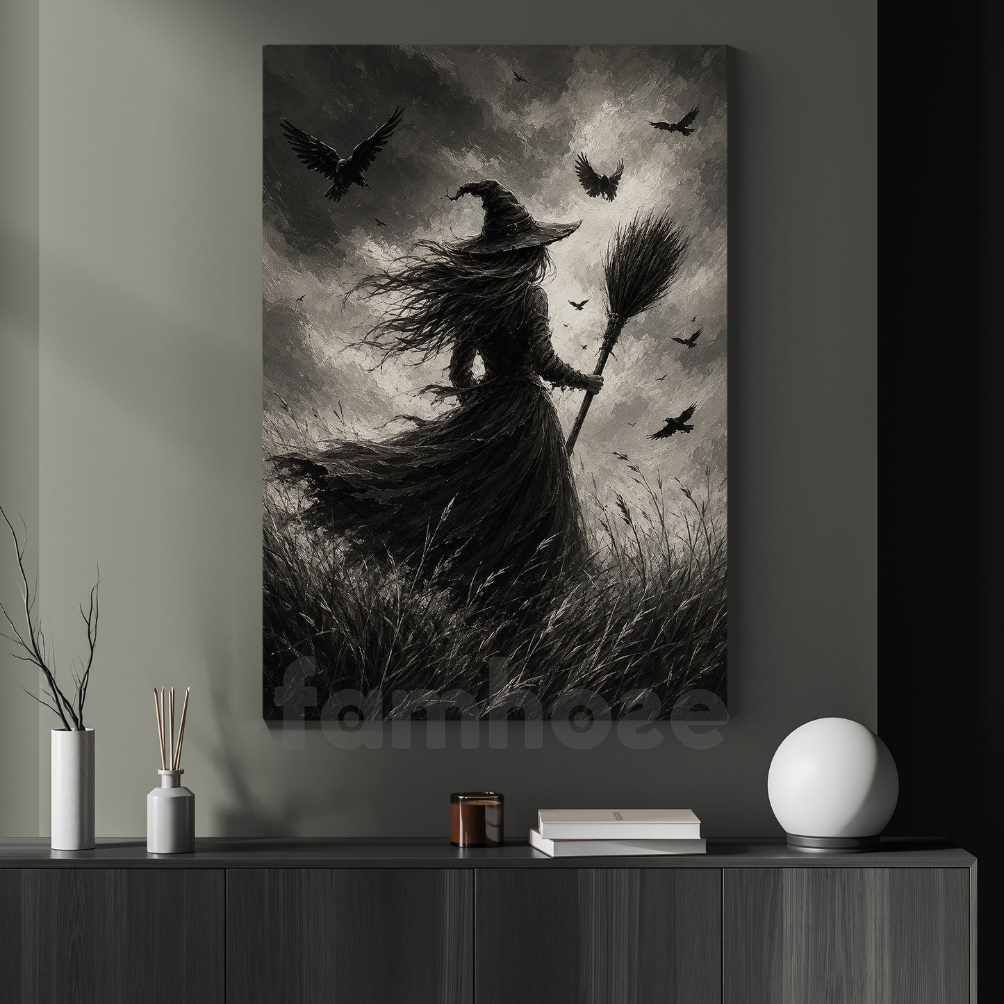 Halloween Gothic Witch Canvas Painting, Raven Witch Wall Art Decor, Spooky Season Poster Gift For Witch Lover
