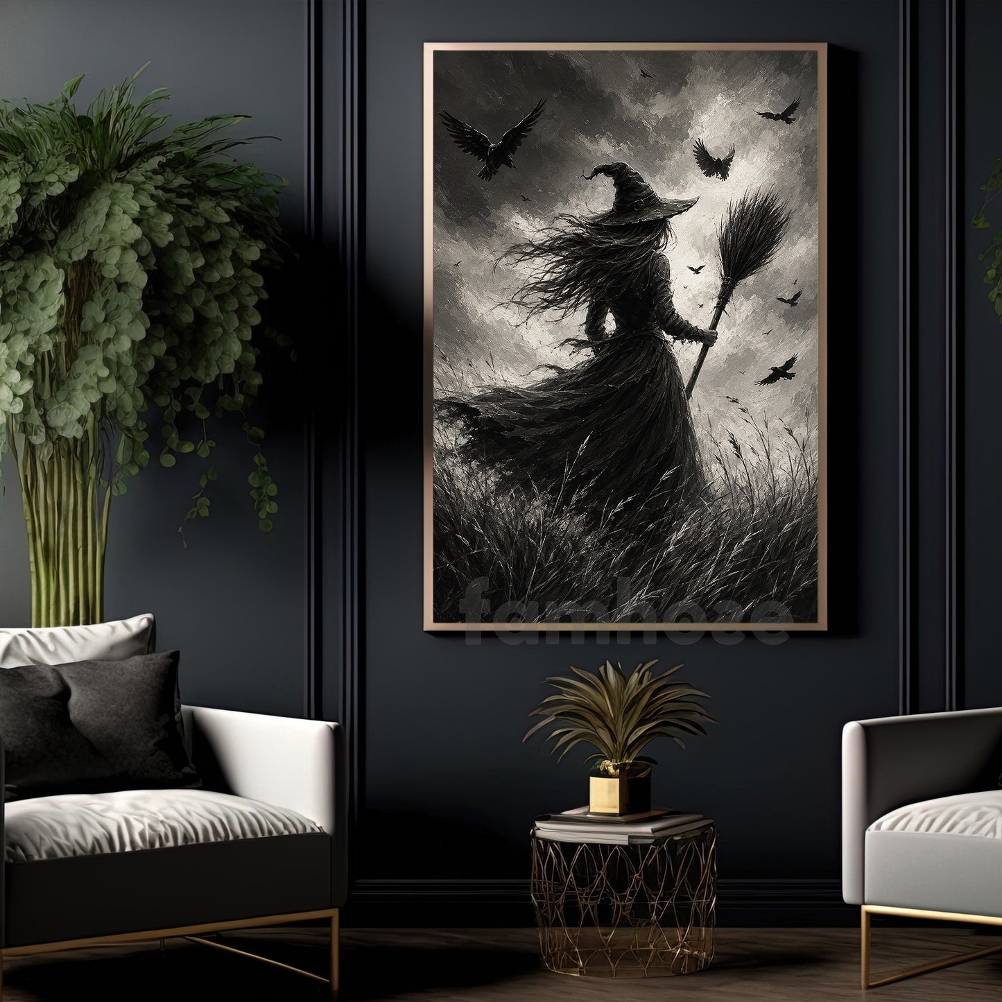 Halloween Gothic Witch Canvas Painting, Raven Witch Wall Art Decor, Spooky Season Poster Gift For Witch Lover