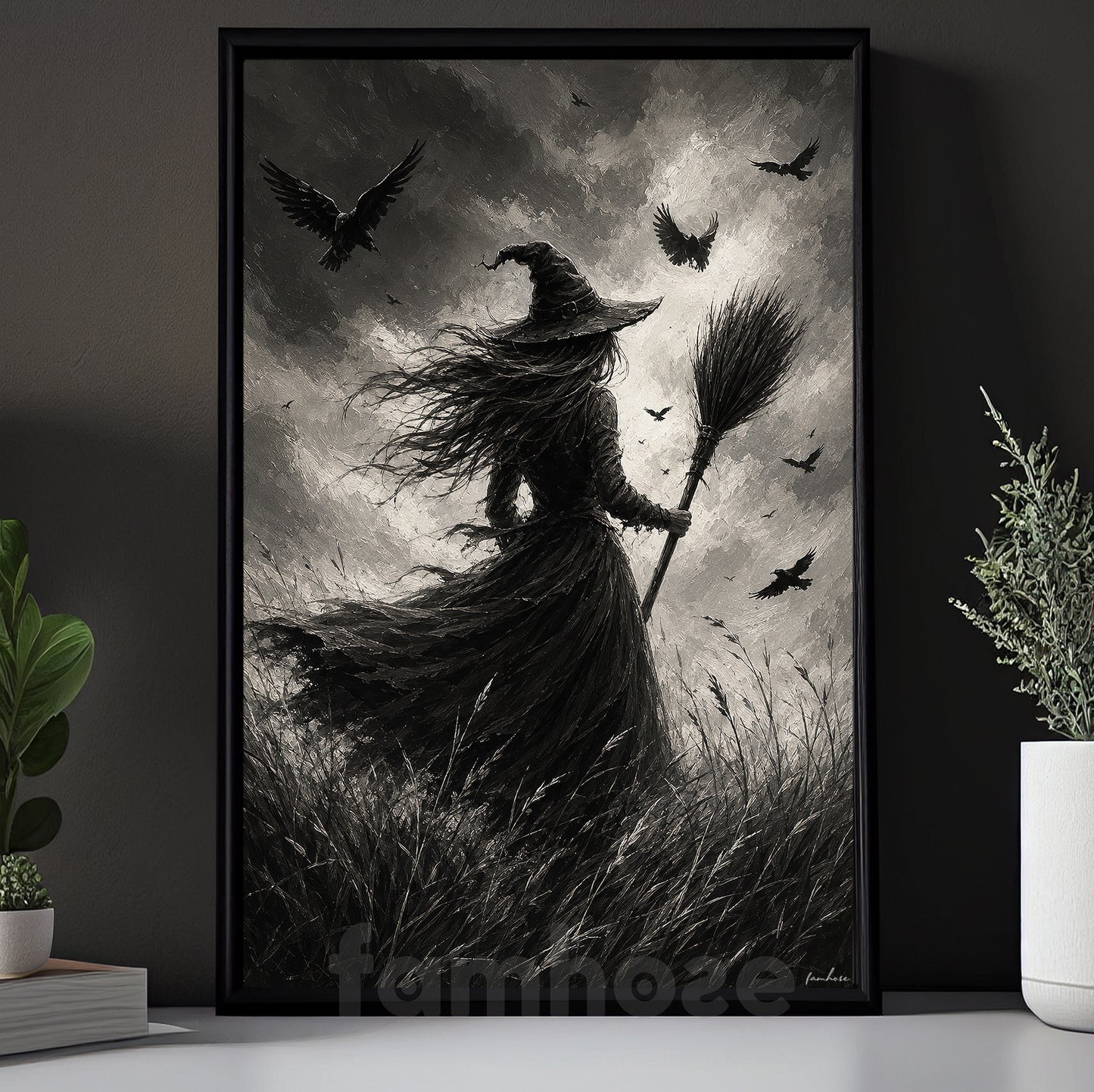 Halloween Gothic Witch Canvas Painting, Raven Witch Wall Art Decor, Spooky Season Poster Gift For Witch Lover