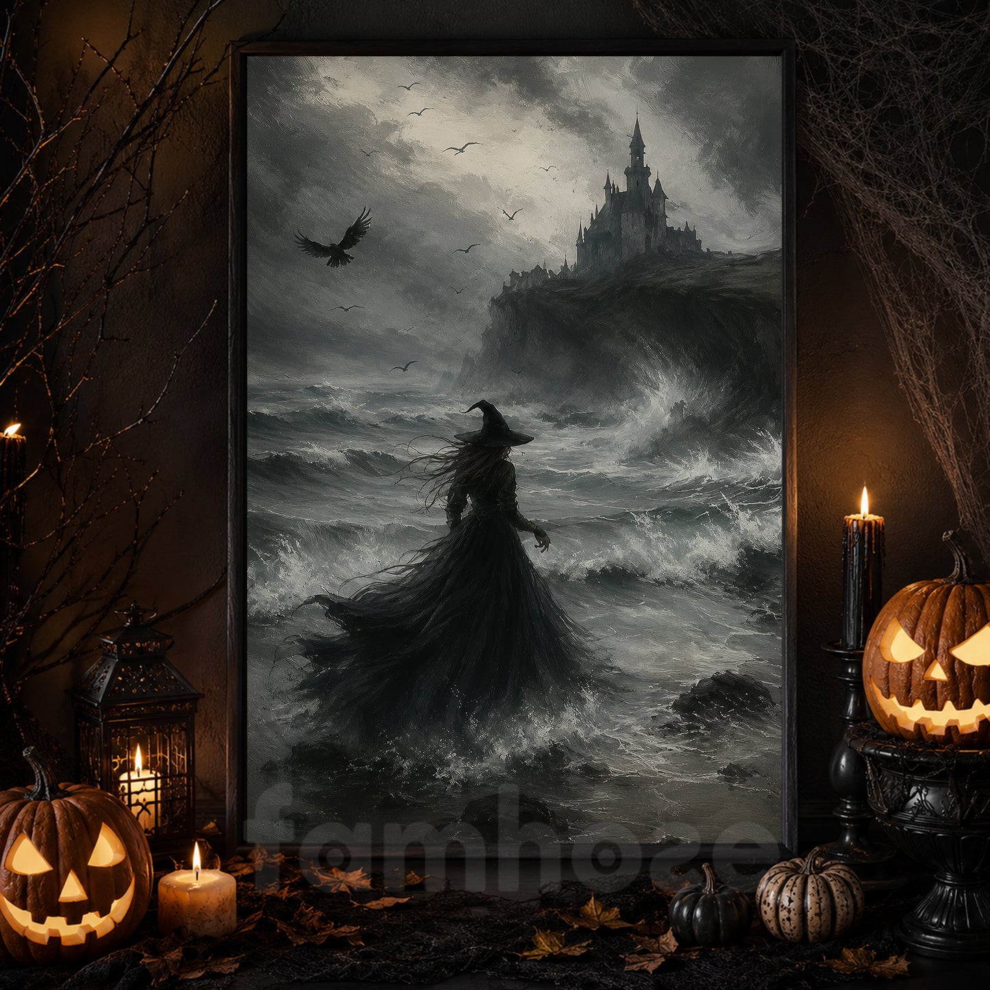 Halloween Witch Canvas Painting, Dark Castle Witch Wall Art Decor, Spooky Season Poster Gift For Witch Lover