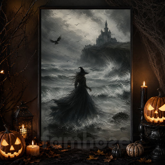 Halloween Witch Canvas Painting, Dark Castle Witch Wall Art Decor, Spooky Season Poster Gift For Witch Lover